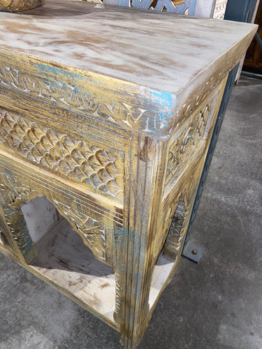 Indisches Sideboard „Carving“ – buntes Unikat mit handgeschnitzten Details