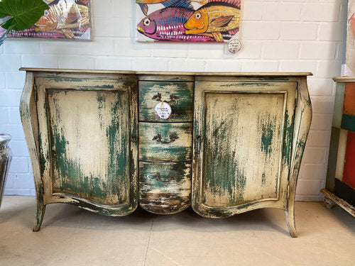 Sideboard „Shabby Chic“ Grün – handbemalte Kommode aus Indonesien