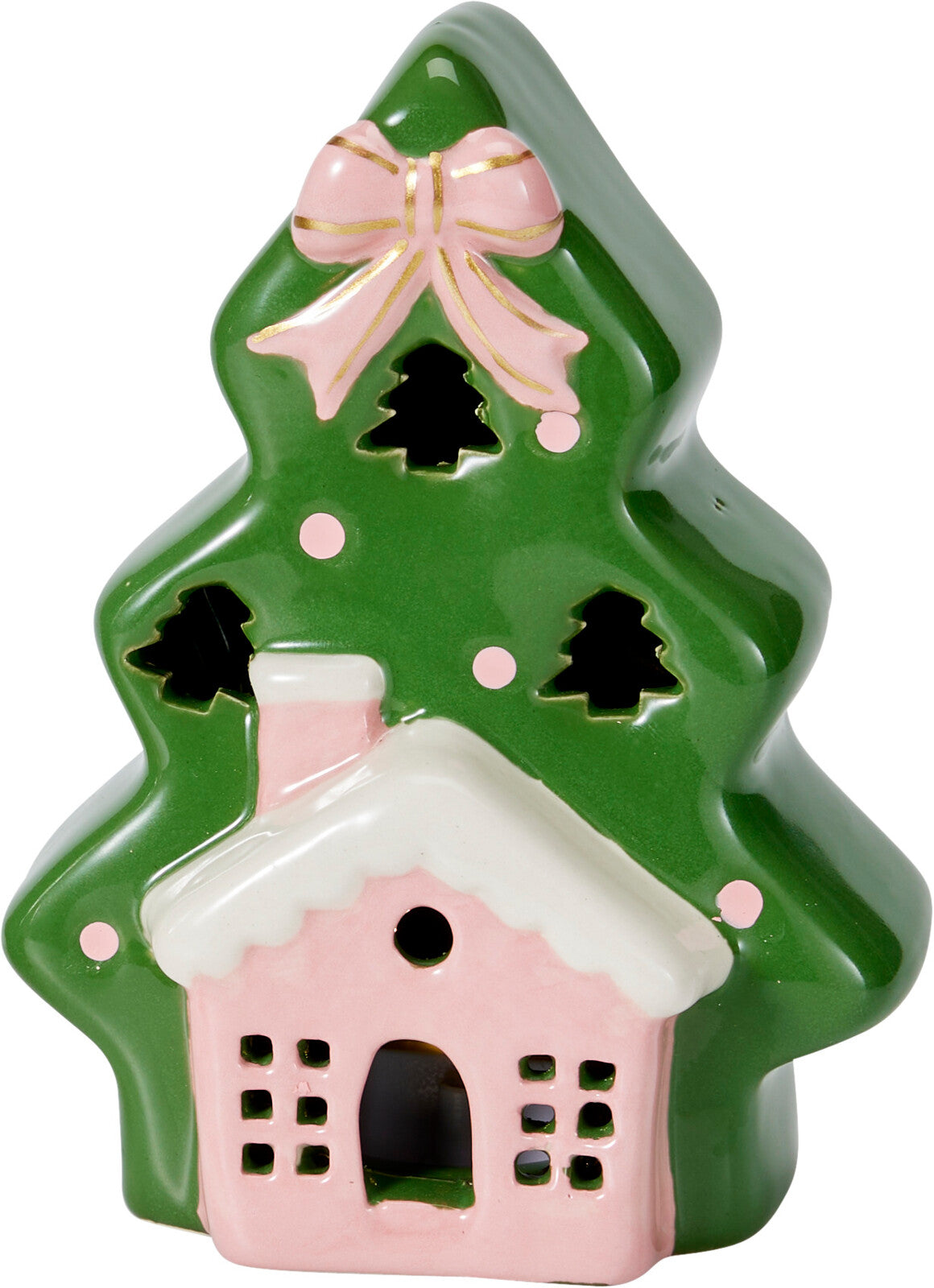 Weihnachtsbaum LED 12 cm – Dunkelgrün mit rosa Haus