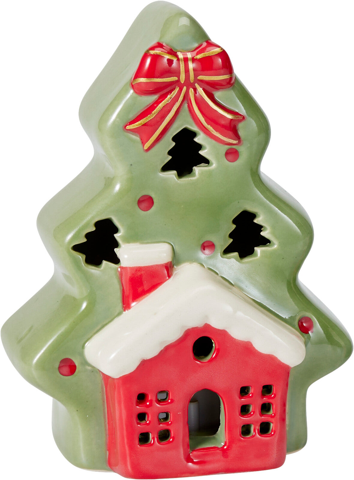 Weihnachtsbaum LED 12 cm – Hellgrün mit rotem Haus