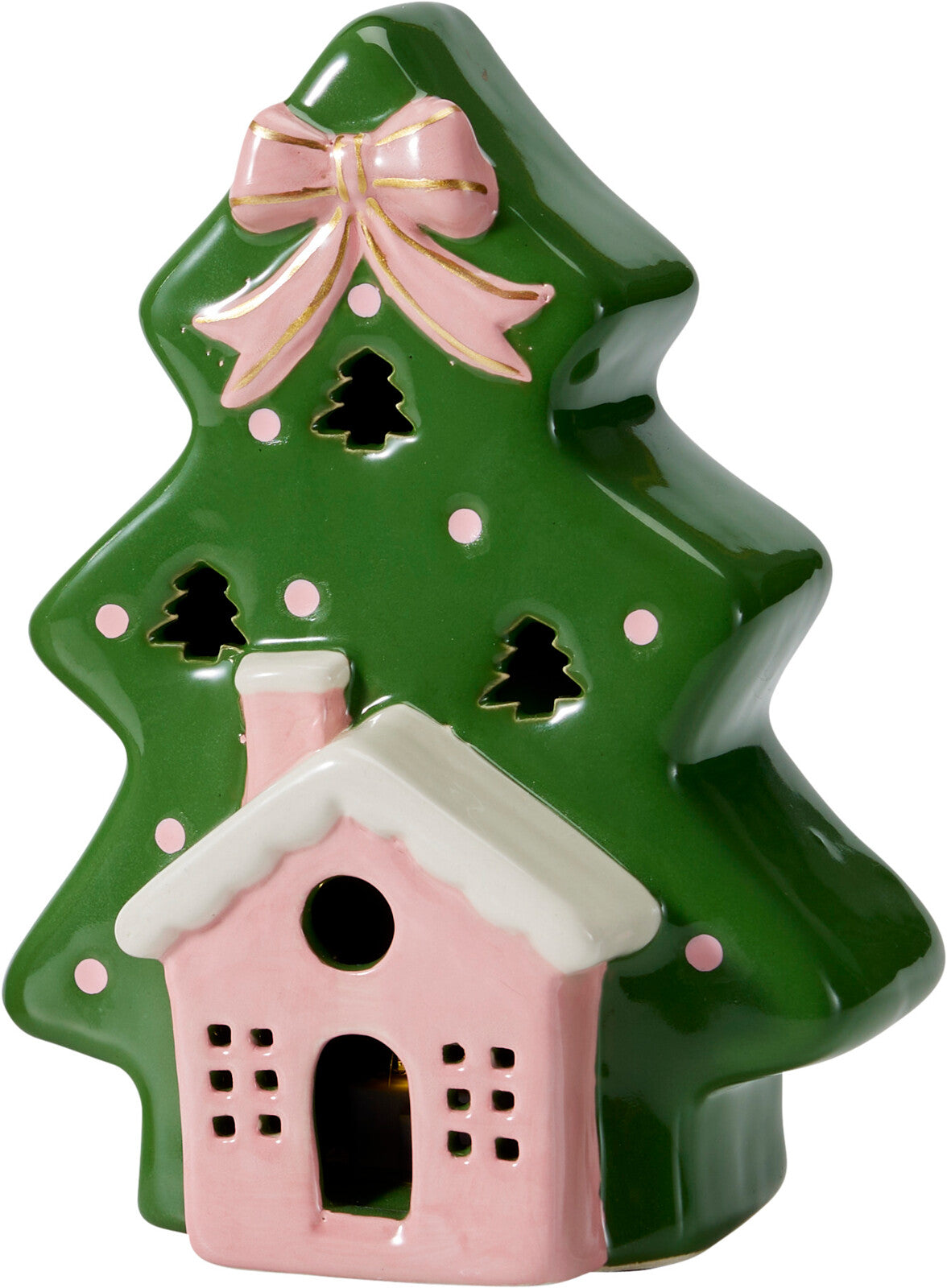 Weihnachtsbaum 17 cm – Dunkelgrün mit rosa Haus
