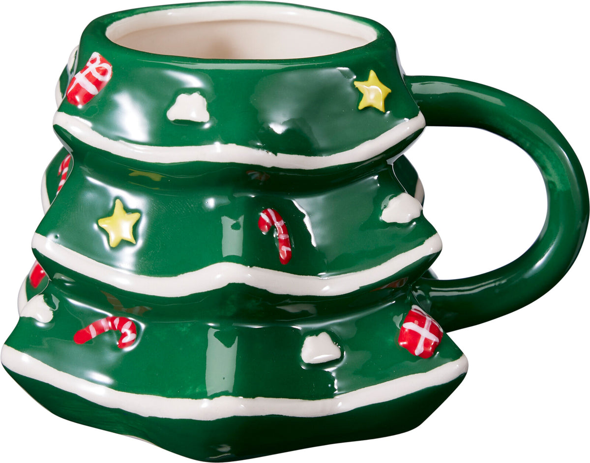 Grüner Koopmann-Weihnachtsbecher in Tannenbaumform mit Sternen und Zuckerstangen