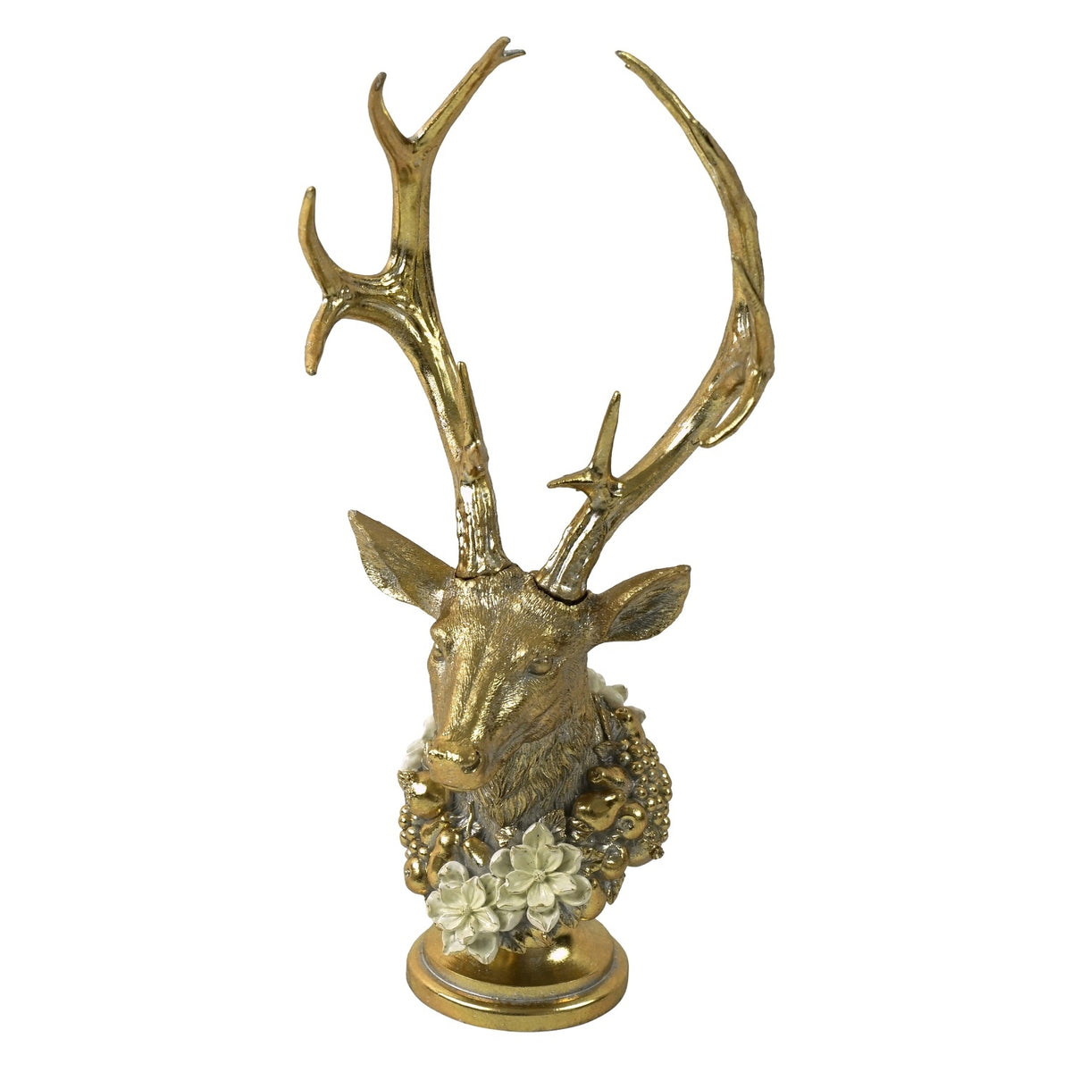 Voß Büste Hirsch mit Blumenkranz, gold – 25 × 18,7 × 51,5 cm