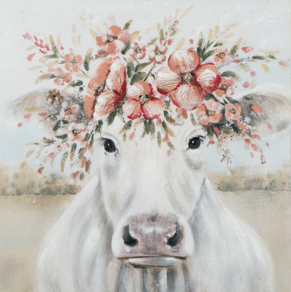 Acrylbild Kuh mit Blumenkranz